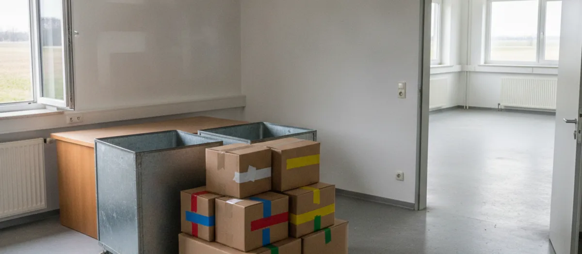 Mit Klebeband markierte Kartons und zwei Rollcontainer in einem halb geräumten Büro in Kremmen, dahinter der bereits leere Nebenraum