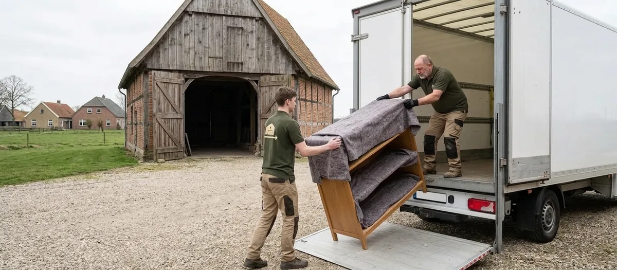 Zwei Träger heben ein in Decken geschlagenes Regal in Kremmen auf die Ladebordwand des Möbelwagens, dahinter eine Fachwerkscheune