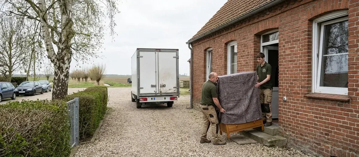 Zwei Träger heben einen in Decken geschlagenen Schrank über die Stufen aus einem Backsteinhaus in Kremmen, dahinter wartet der Möbelwagen
