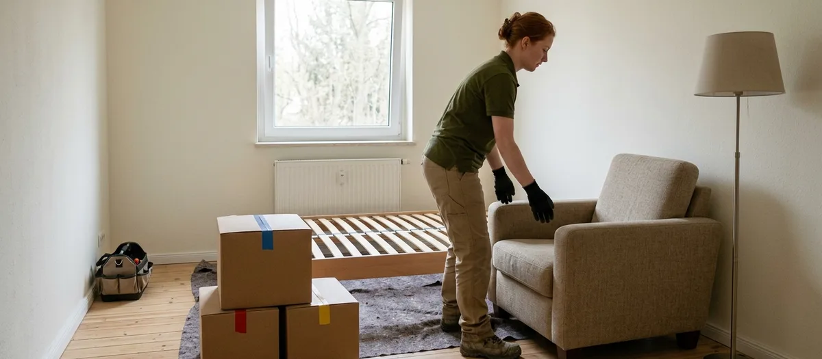 Umzugskraft stellt in einer hellen Wohnung in Kremmen einen Sessel neben das frisch aufgebaute Bett, daneben mit Klebeband markierte Kartons