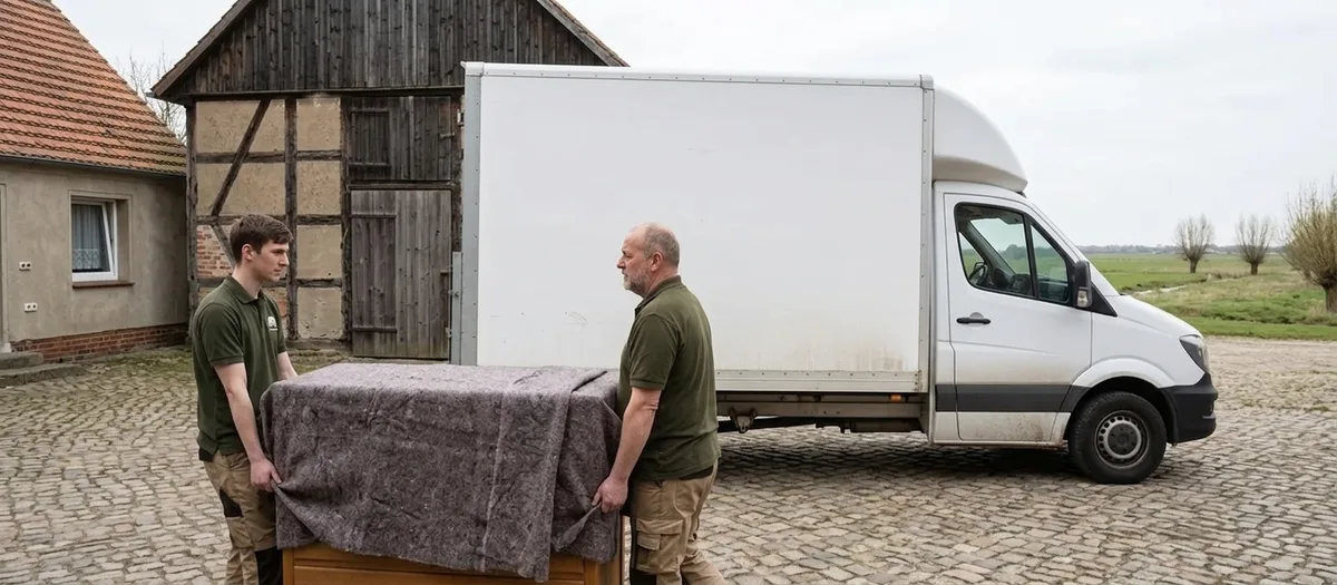 Zwei Umzugskräfte tragen eine in Decken geschlagene Kommode über einen gepflasterten Hof in Kremmen zum Möbelwagen