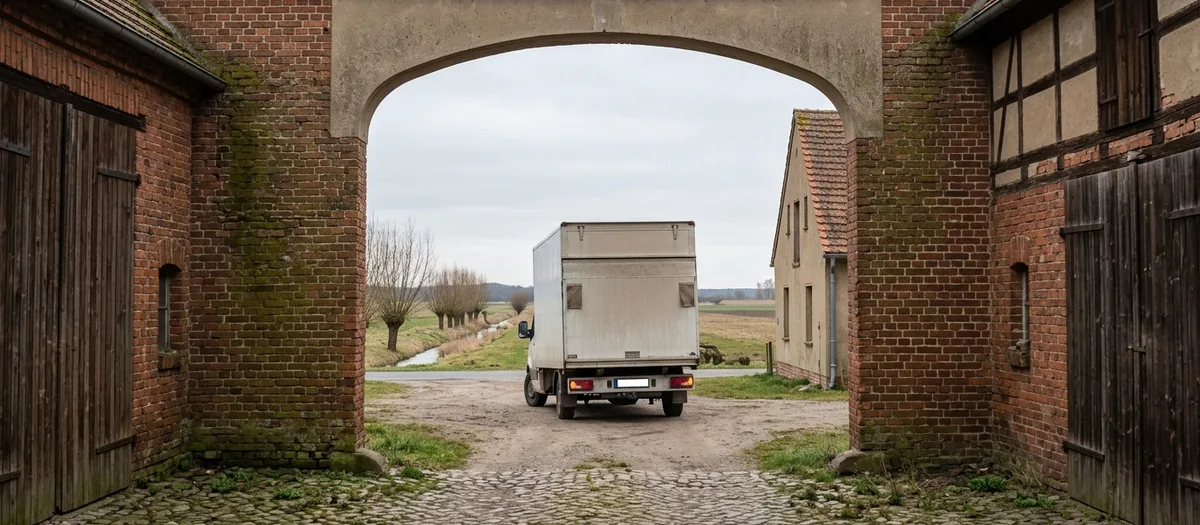 Möbelwagen fährt durch die gemauerte Hofdurchfahrt eines Gehöfts bei Kremmen hinaus in Richtung Berlin