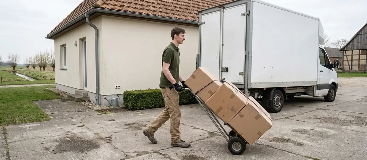Umzugskraft rollt eine Sackkarre mit Kartons über die Betonzufahrt eines Hauses in Kremmen zum Möbelwagen, Ziel ist Oranienburg