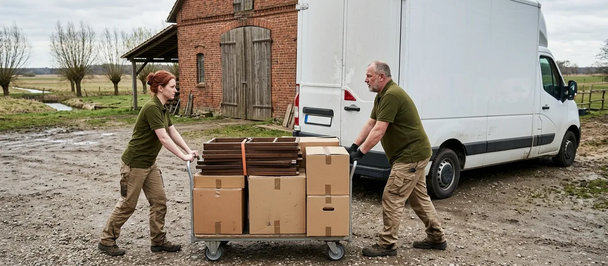Zwei Umzugskräfte bewegen auf einem Hof in Flatow einen Rollwagen mit Kartons und zerlegten Möbelteilen zum wartenden Kastenwagen
