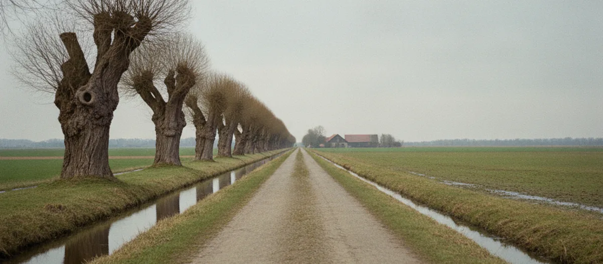 Breiter Feldweg am Ortsrand von Hohenbruch, links eine Reihe Kopfweiden am Graben, in der Ferne ein einzelnes Gehöft