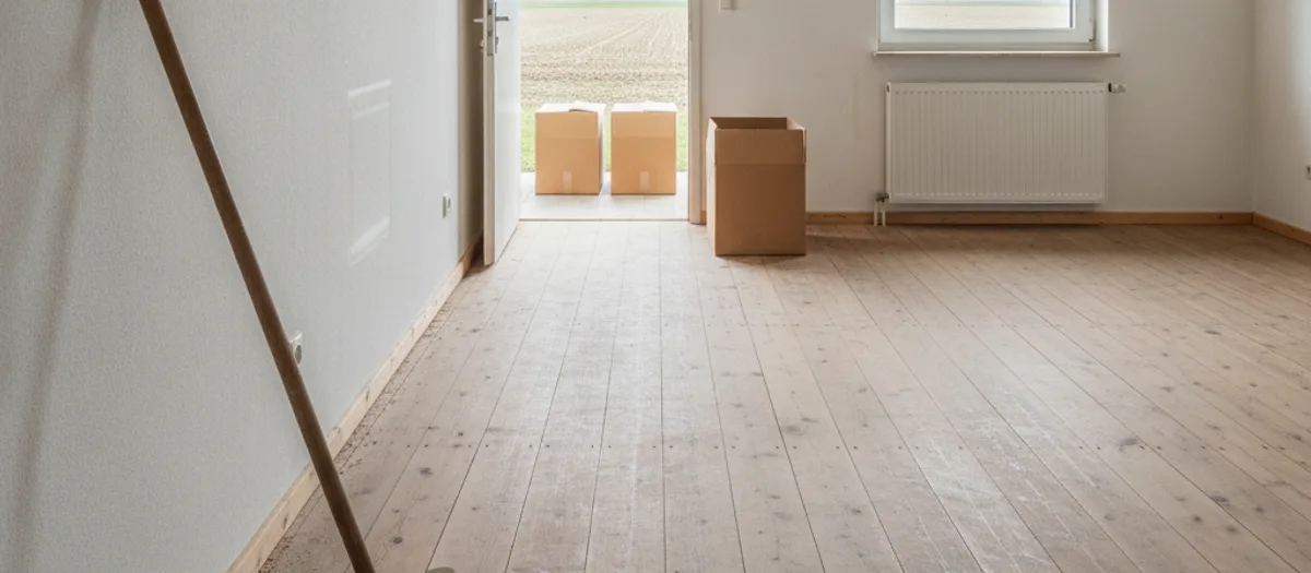 Leergeräumtes Zimmer mit hellen Dielen in Sommerfeld, in der offenen Tür stehen Umzugskartons, dahinter das Feld