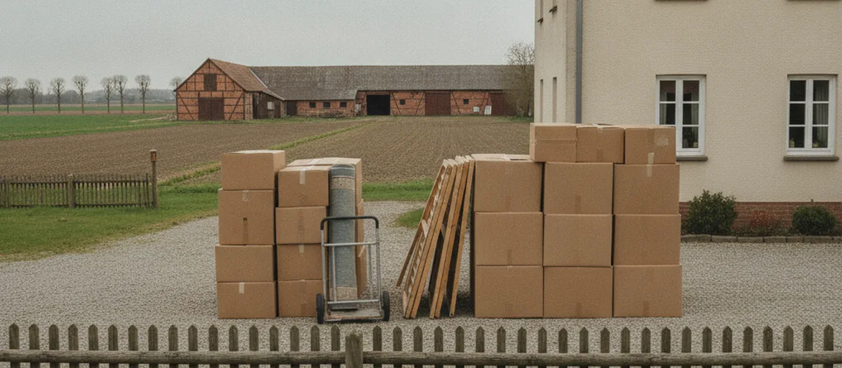 Kartons, zerlegte Möbelteile und eine Sackkarre mit gerolltem Teppich stehen auf der Zufahrt eines Hauses in Staffelde bereit