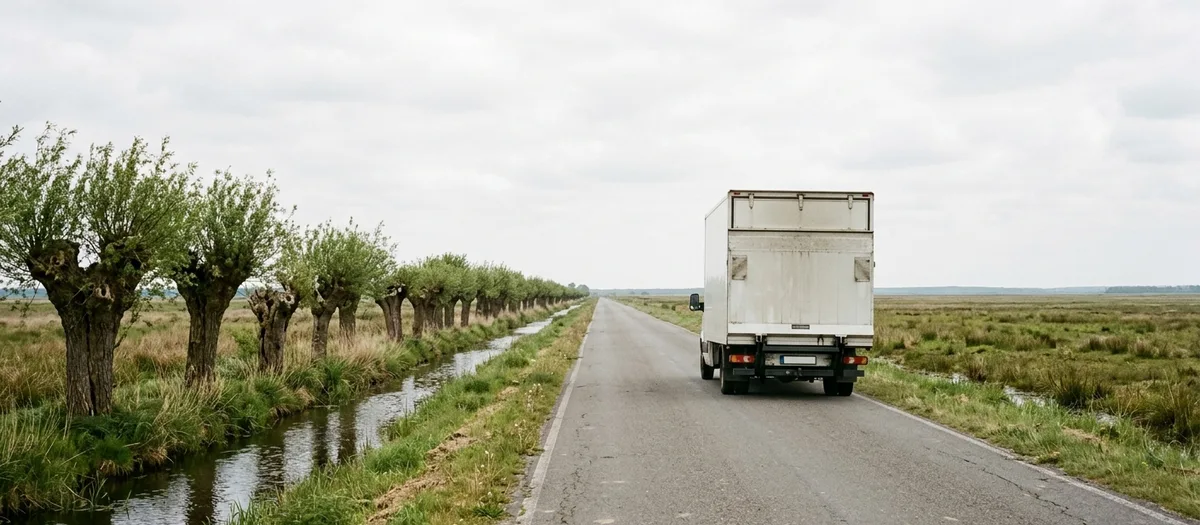 Landstraße durch Wiesen zwischen den Ortsteilen von Kremmen, ein Möbelwagen unterwegs